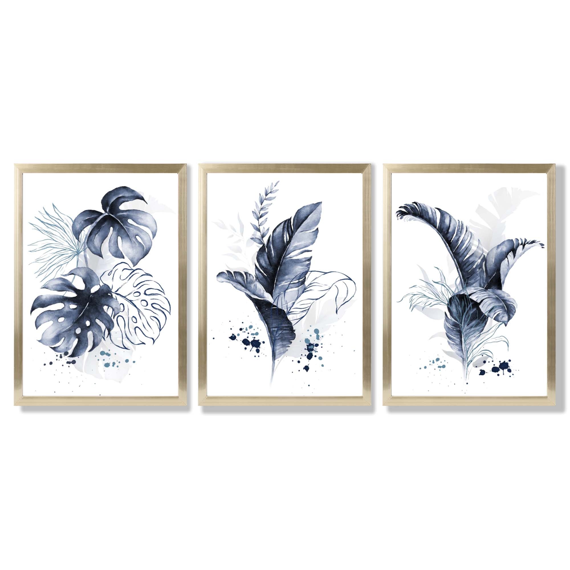 Set of 3 Navy Blue Tropical Leaves Framed Art Prints with Gold Wood Frames