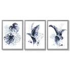 Set of 3 Navy Blue Tropical Leaves Framed Art Prints with Light Grey Wooden Frames
