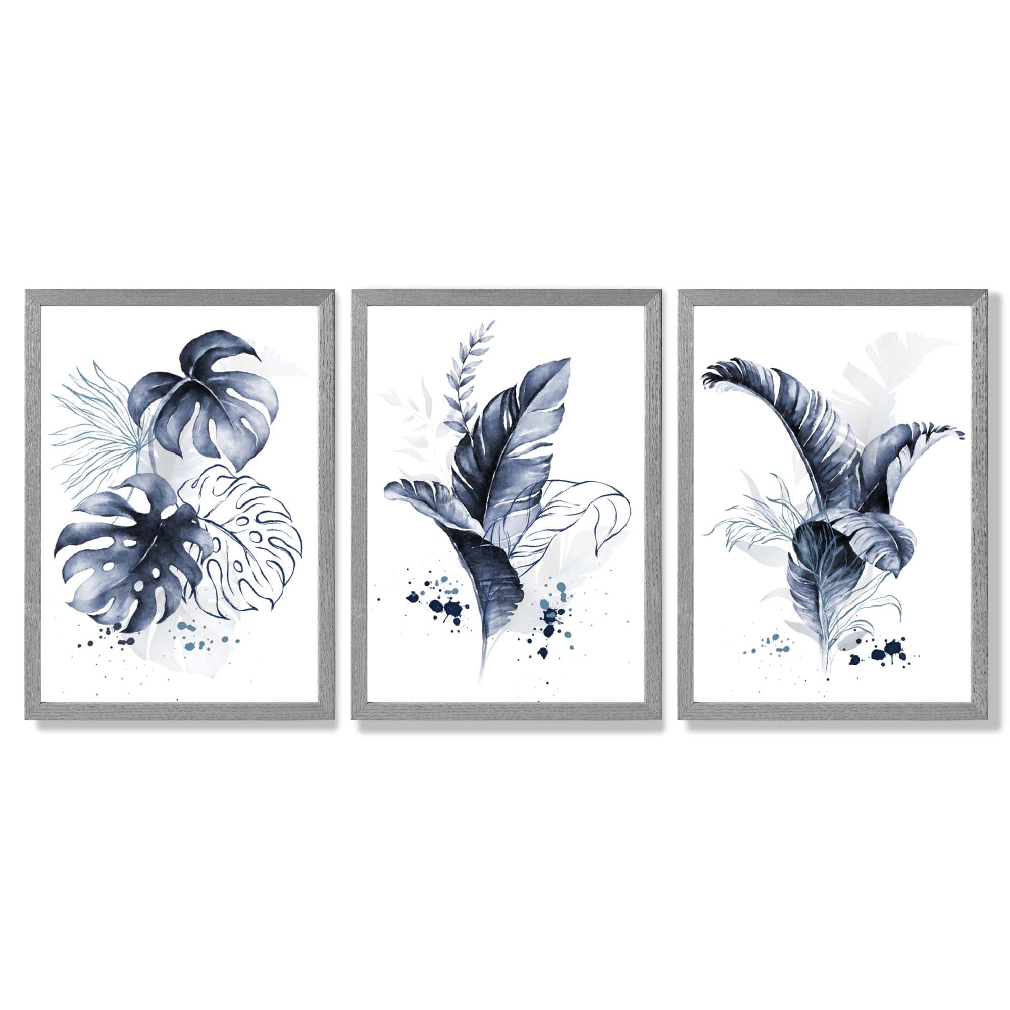 Set of 3 Navy Blue Tropical Leaves Framed Art Prints with Light Grey Wooden Frames