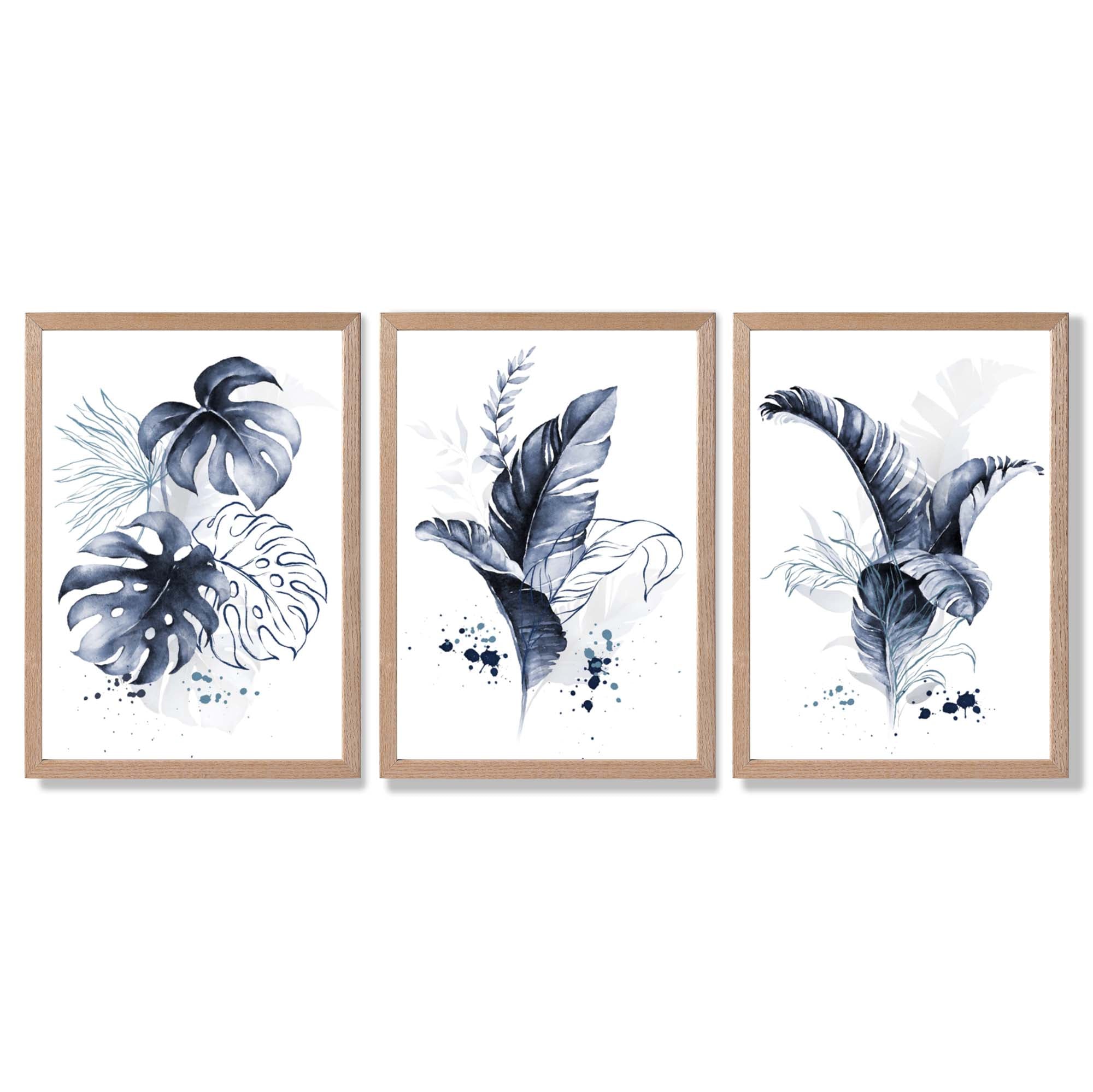 Set of 3 Navy Blue Tropical Leaves Framed Art Prints with Light Oak Frames