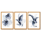 Set of 3 Navy Blue Tropical Leaves Framed Art Prints with Oak Wooden Frames