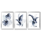 Set of 3 Navy Blue Tropical Leaves Framed Art Prints with Silver Wood Frames