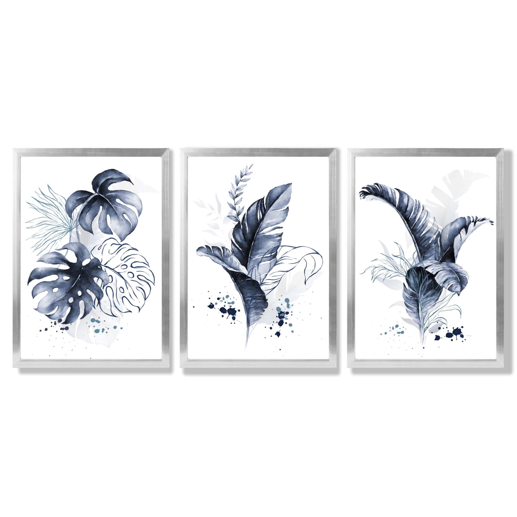 Set of 3 Navy Blue Tropical Leaves Framed Art Prints with Silver Wood Frames