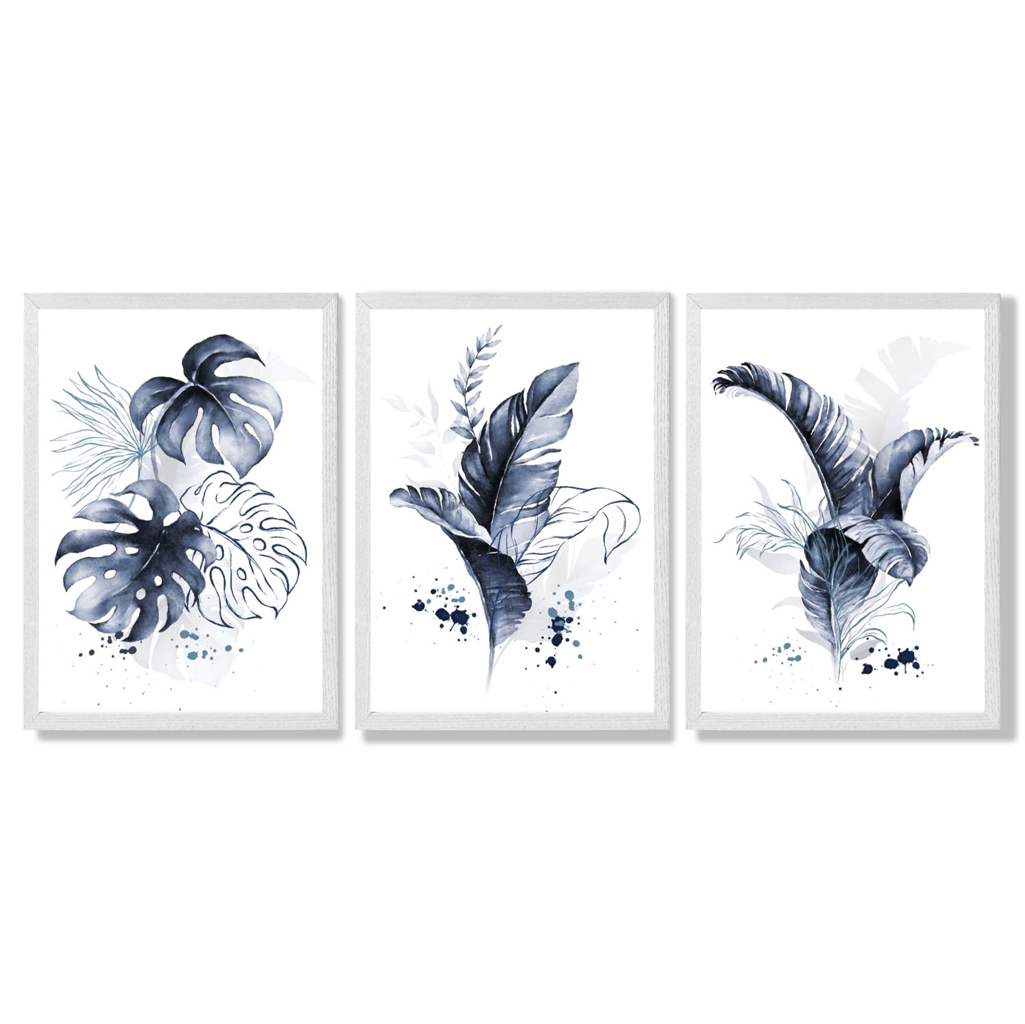 Set of 3 Navy Blue Tropical Leaves Framed Art Prints with White Wooden Frames