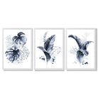 Set of 3 Navy Blue Tropical Leaves Framed Art Prints with White Wooden Frames