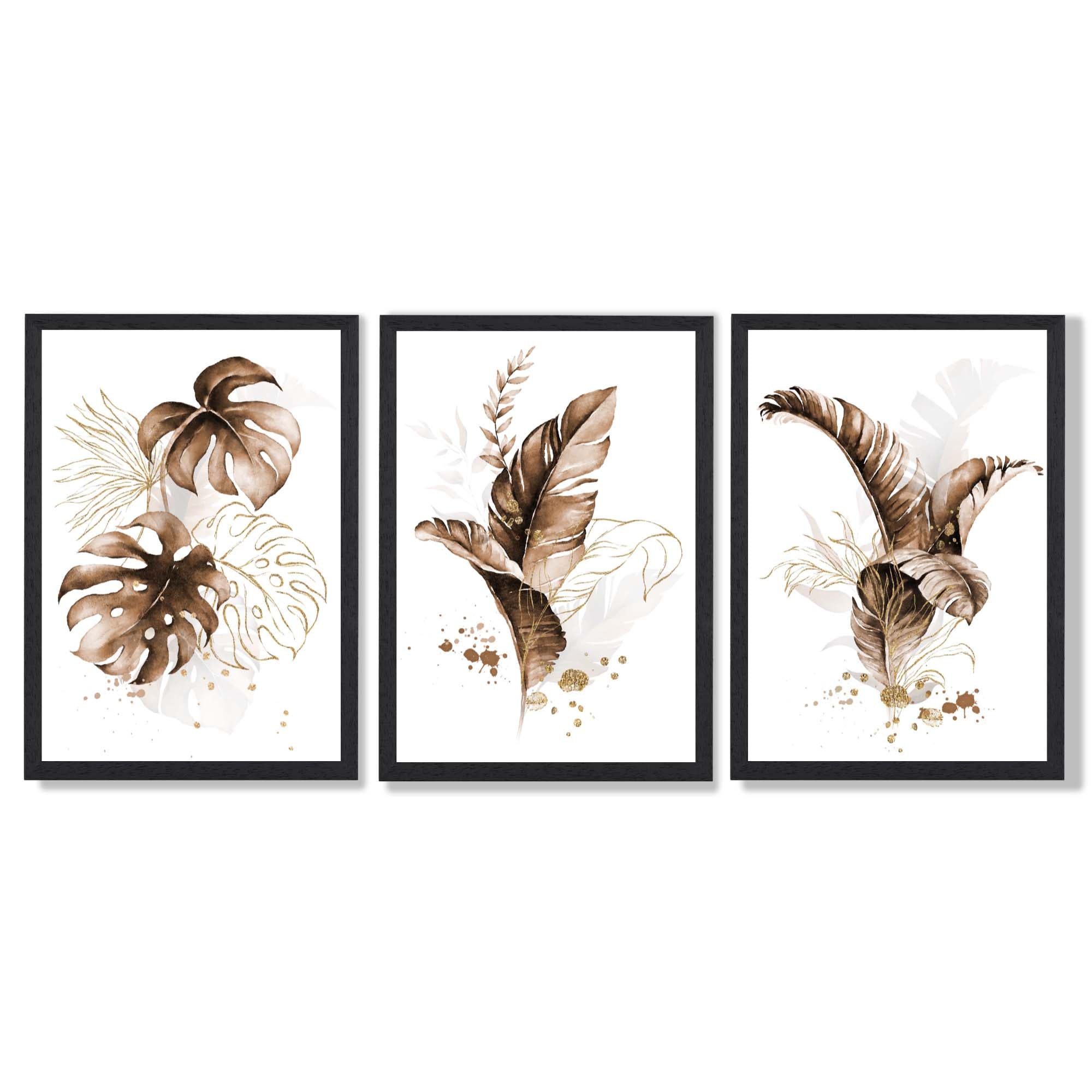 Set of 3 Brown and Gold Tropical Leaves Framed Art Prints with Black Wooden Frames