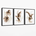 Set of 3 Brown and Gold Tropical Leaves Canvas Art Prints with Black Float Frame