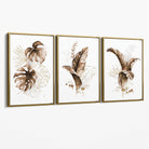 Set of 3 Brown and Gold Tropical Leaves Canvas Art Prints with Gold Float Frame
