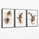 Set of 3 Brown and Gold Tropical Leaves Canvas Art Prints with Grey Float Frame