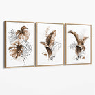Set of 3 Brown and Gold Tropical Leaves Canvas Art Prints with Oak Float Frame
