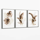 Set of 3 Brown and Gold Tropical Leaves Canvas Art Prints with Silver Float Frame