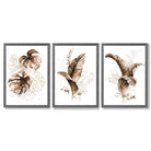 Set of 3 Brown and Gold Tropical Leaves Framed Art Prints with Dark Grey Wooden Frames