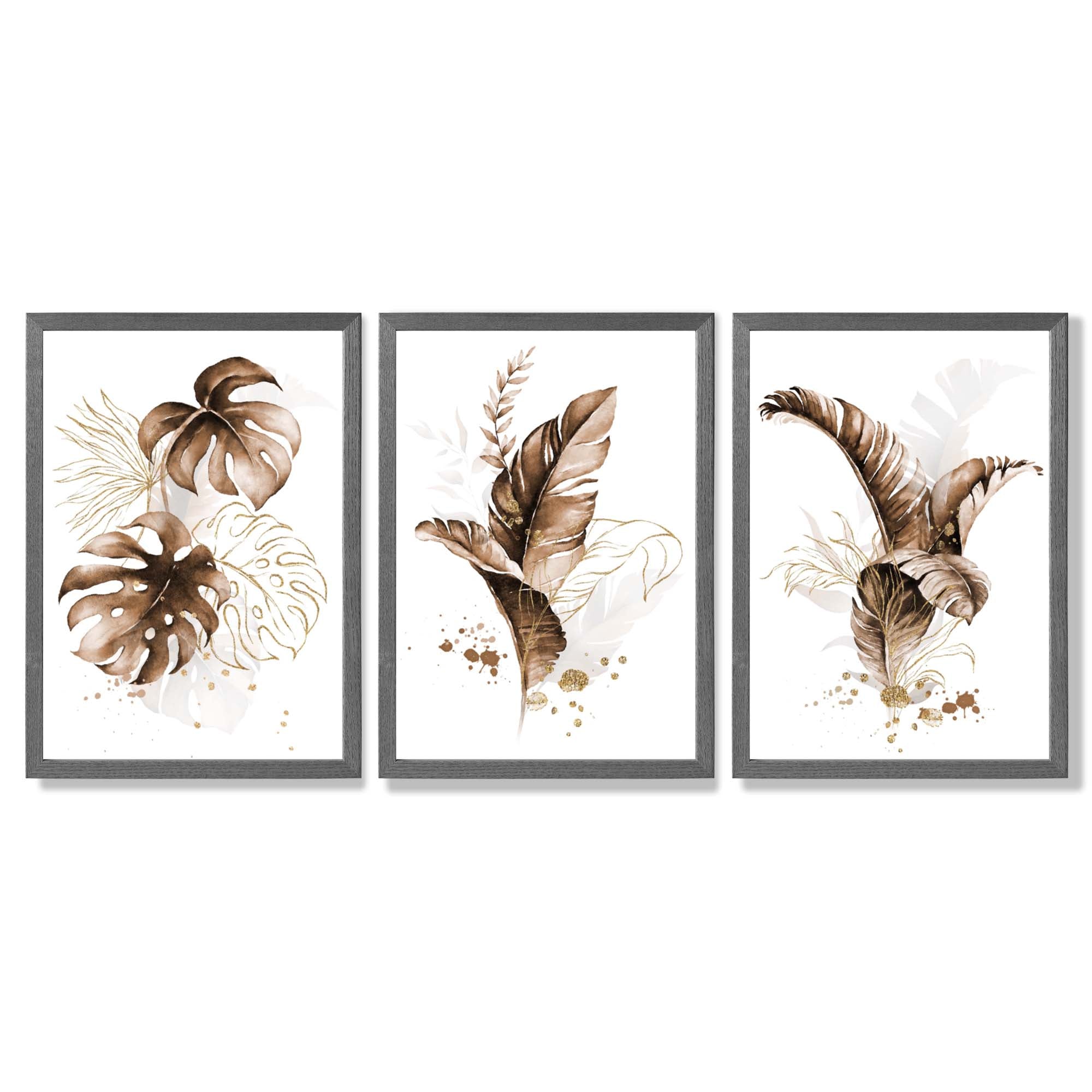 Set of 3 Brown and Gold Tropical Leaves Framed Art Prints with Dark Grey Wooden Frames