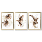 Set of 3 Brown and Gold Tropical Leaves Framed Art Prints with Gold Wood Frames