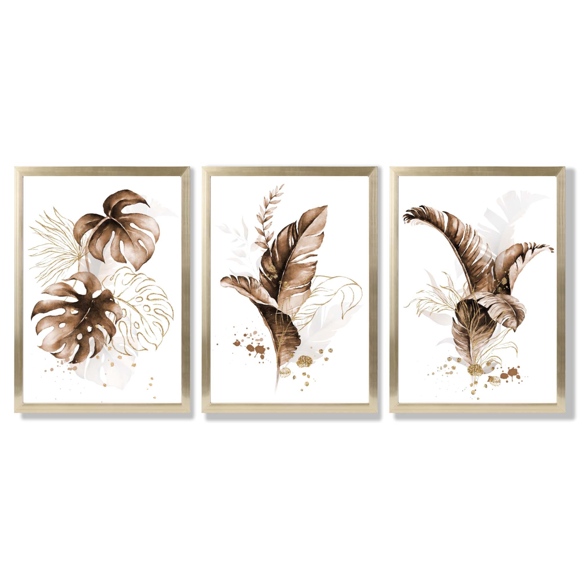Set of 3 Brown and Gold Tropical Leaves Framed Art Prints with Gold Wood Frames