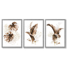 Set of 3 Brown and Gold Tropical Leaves Framed Art Prints with Light Grey Wooden Frames