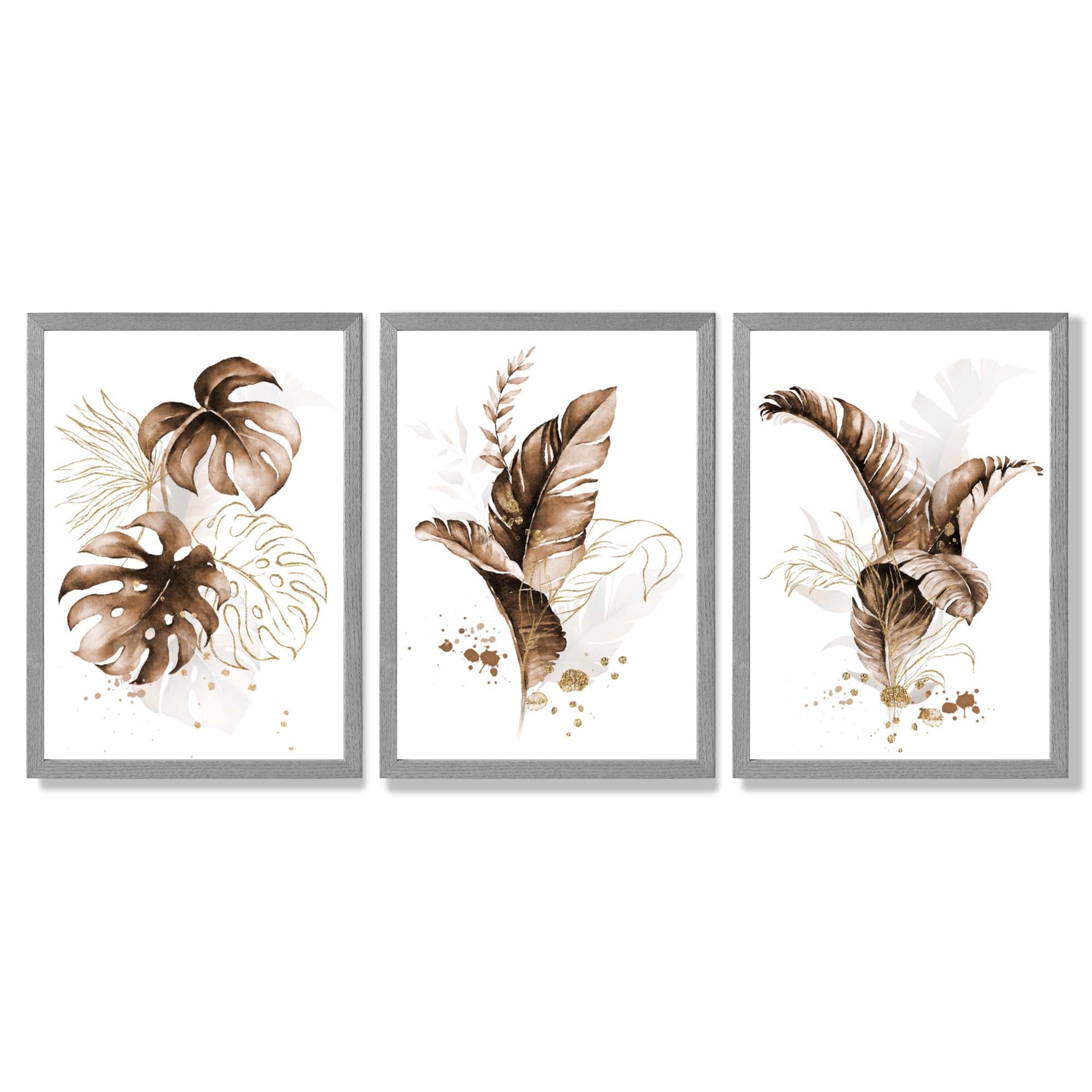 Set of 3 Brown and Gold Tropical Leaves Framed Art Prints with Light Grey Wooden Frames