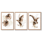 Set of 3 Brown and Gold Tropical Leaves Framed Art Prints with Light Oak Frames