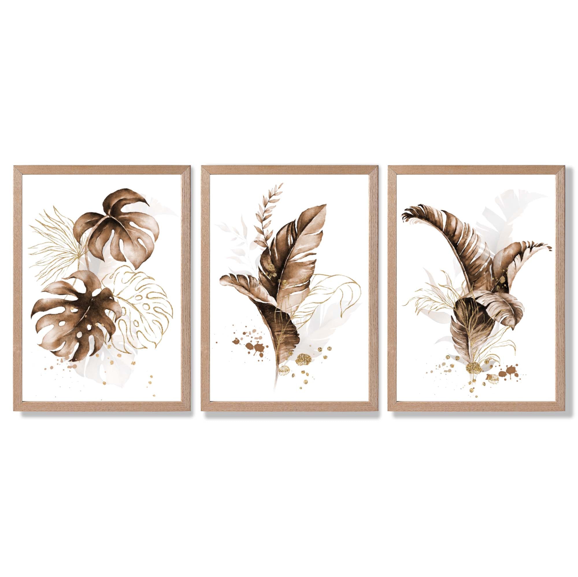 Set of 3 Brown and Gold Tropical Leaves Framed Art Prints with Light Oak Frames
