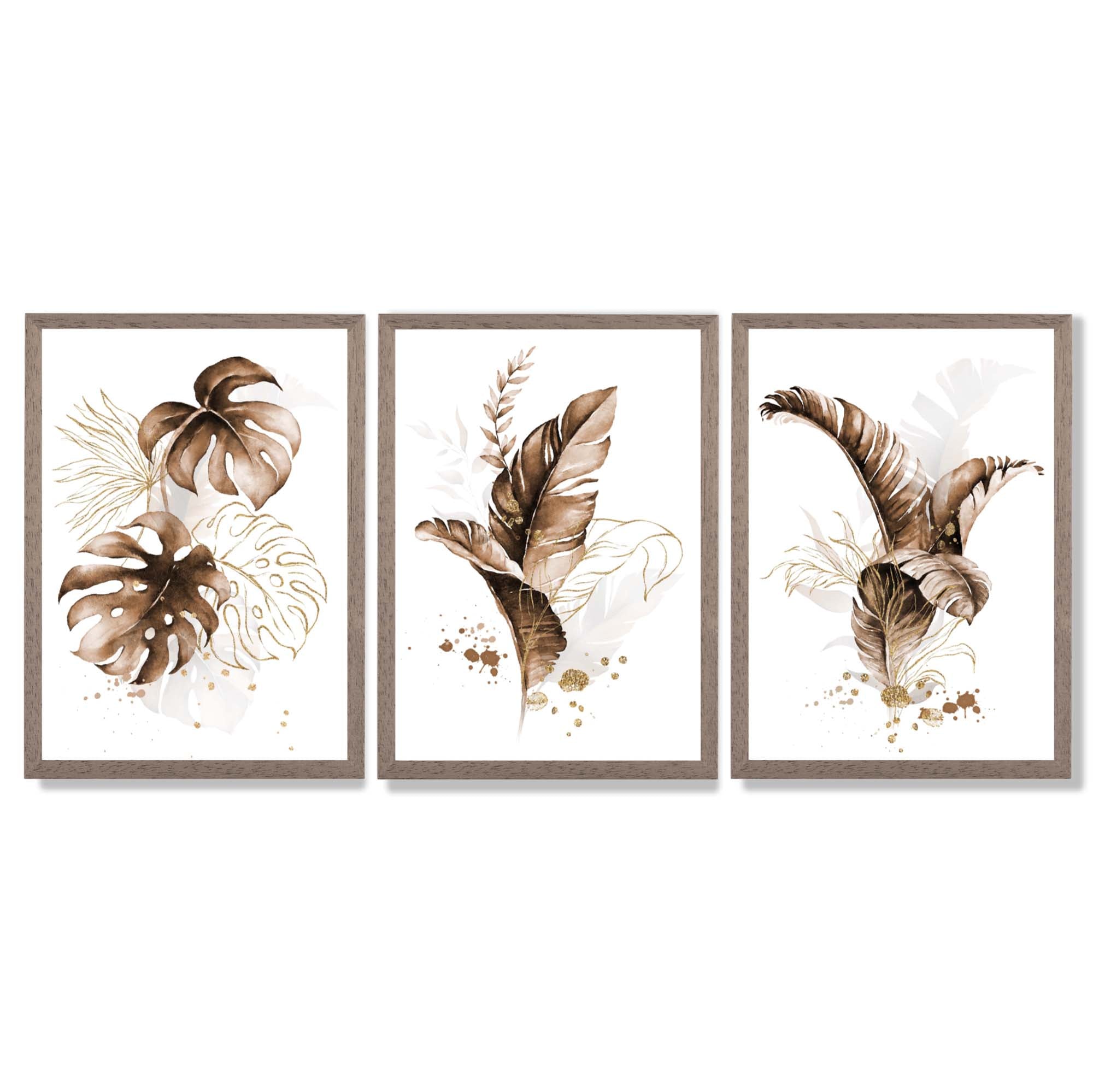 Set of 3 Brown and Gold Tropical Leaves Framed Art Prints with Light Walnut Frames
