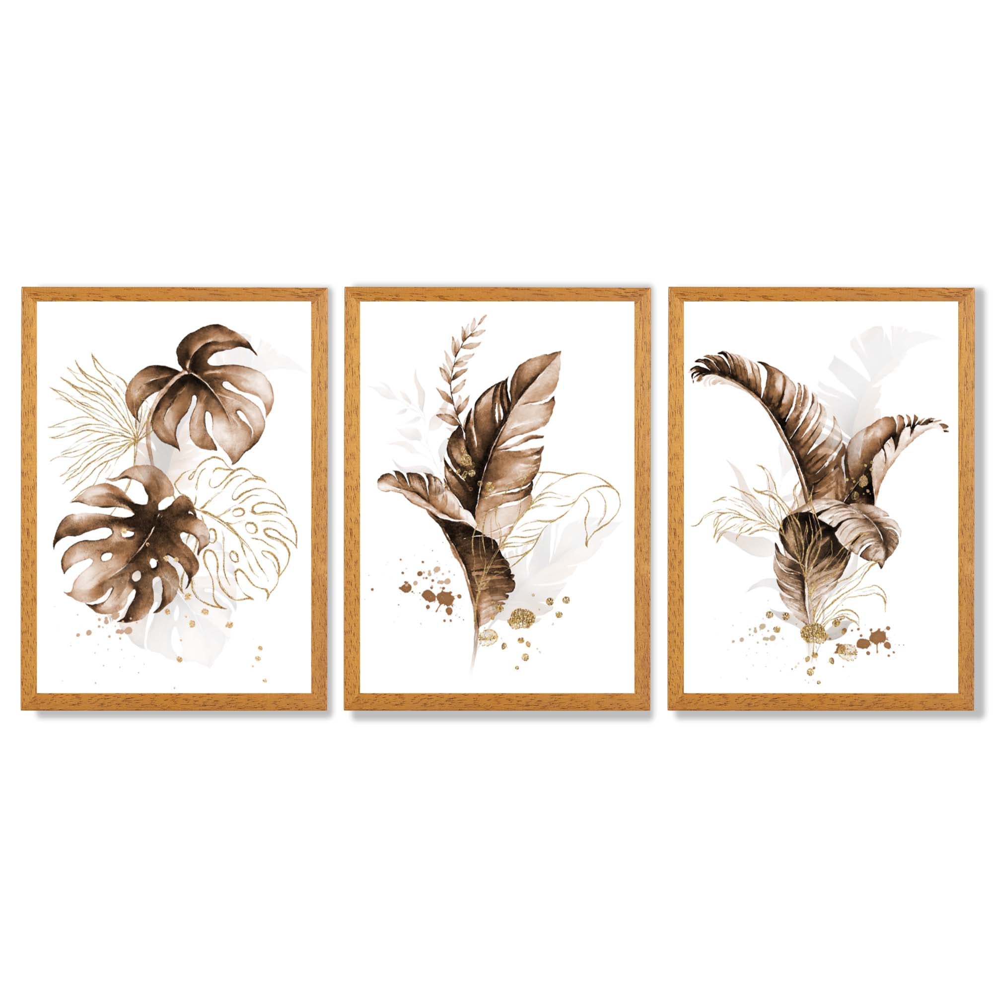 Set of 3 Brown and Gold Tropical Leaves Framed Art Prints with Oak Wooden Frames