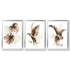 Set of 3 Brown and Gold Tropical Leaves Framed Art Prints with Silver Wood Frames