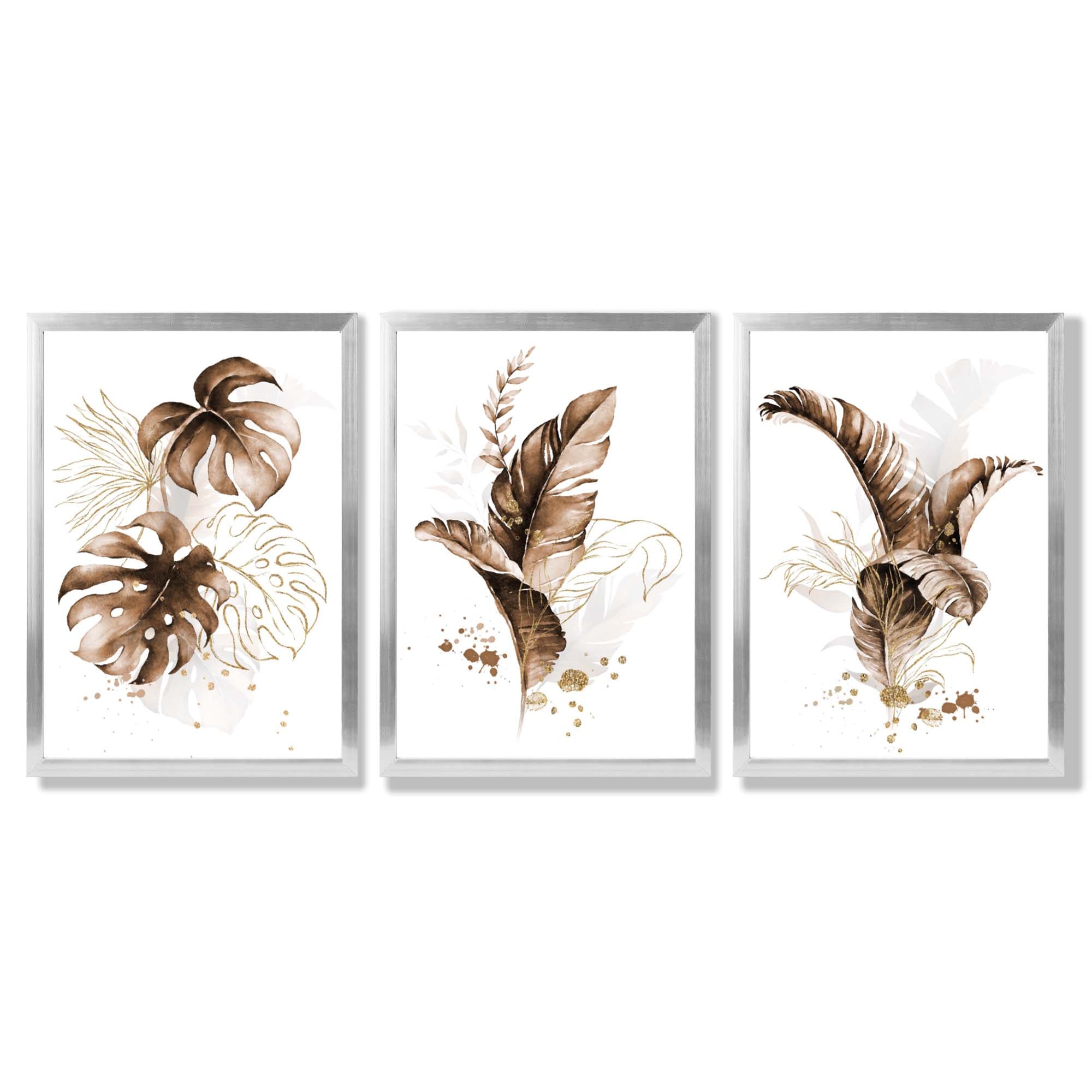 Set of 3 Brown and Gold Tropical Leaves Framed Art Prints with Silver Wood Frames