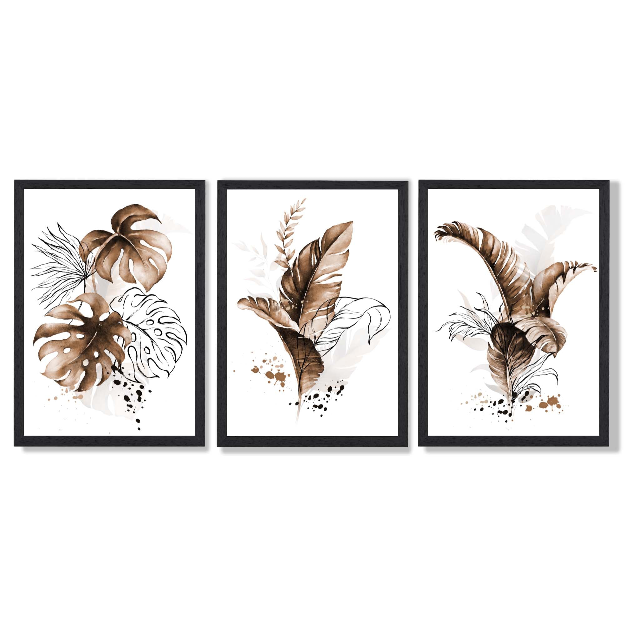Set of 3 Brown Tropical Leaves Framed Art Prints with Black Wooden Frames