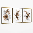 Set of 3 Brown Tropical Leaves Canvas Art Prints with Gold Float Frame
