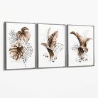 Set of 3 Brown Tropical Leaves Canvas Art Prints with Silver Float Frame