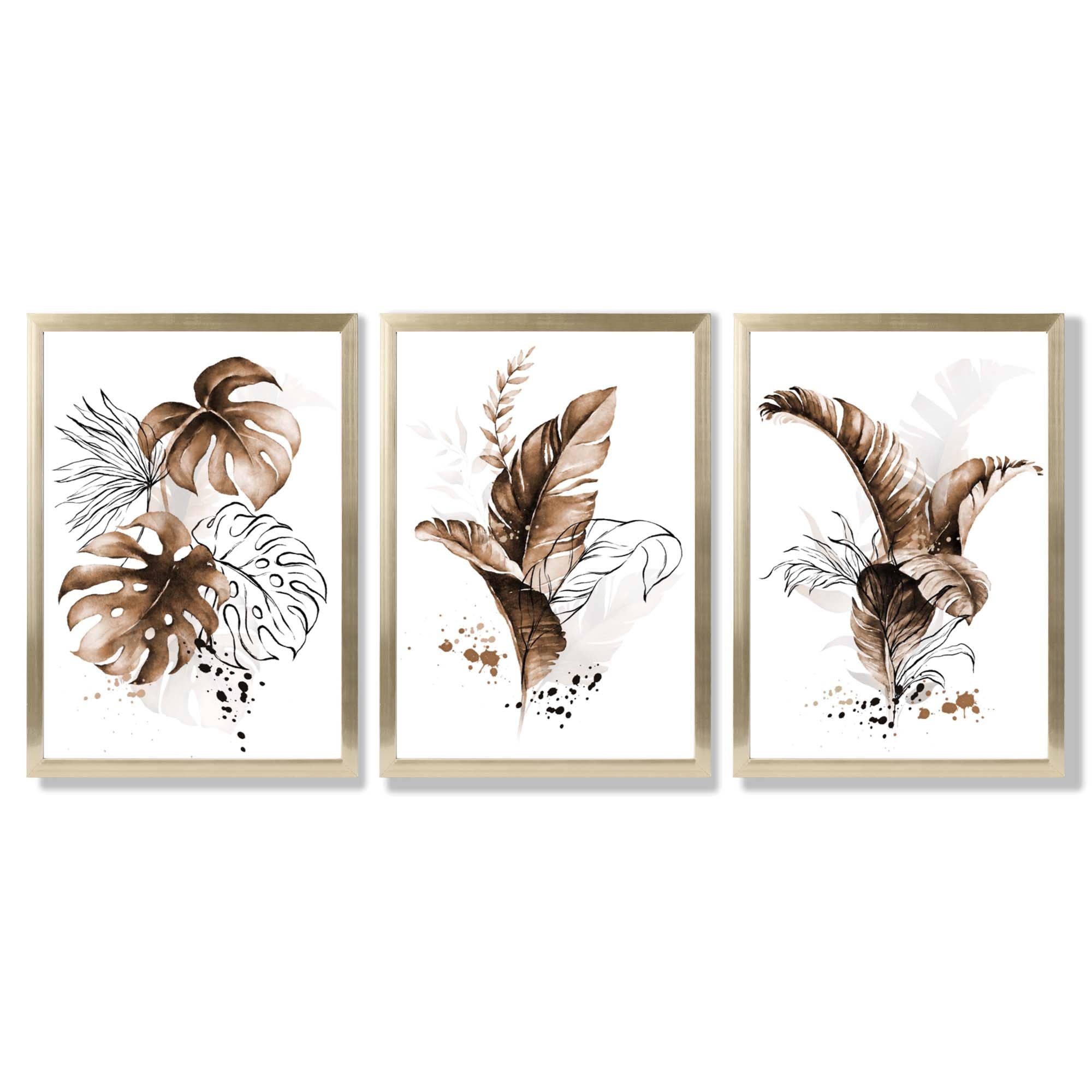 Set of 3 Brown Tropical Leaves Framed Art Prints with Gold Wood Frames