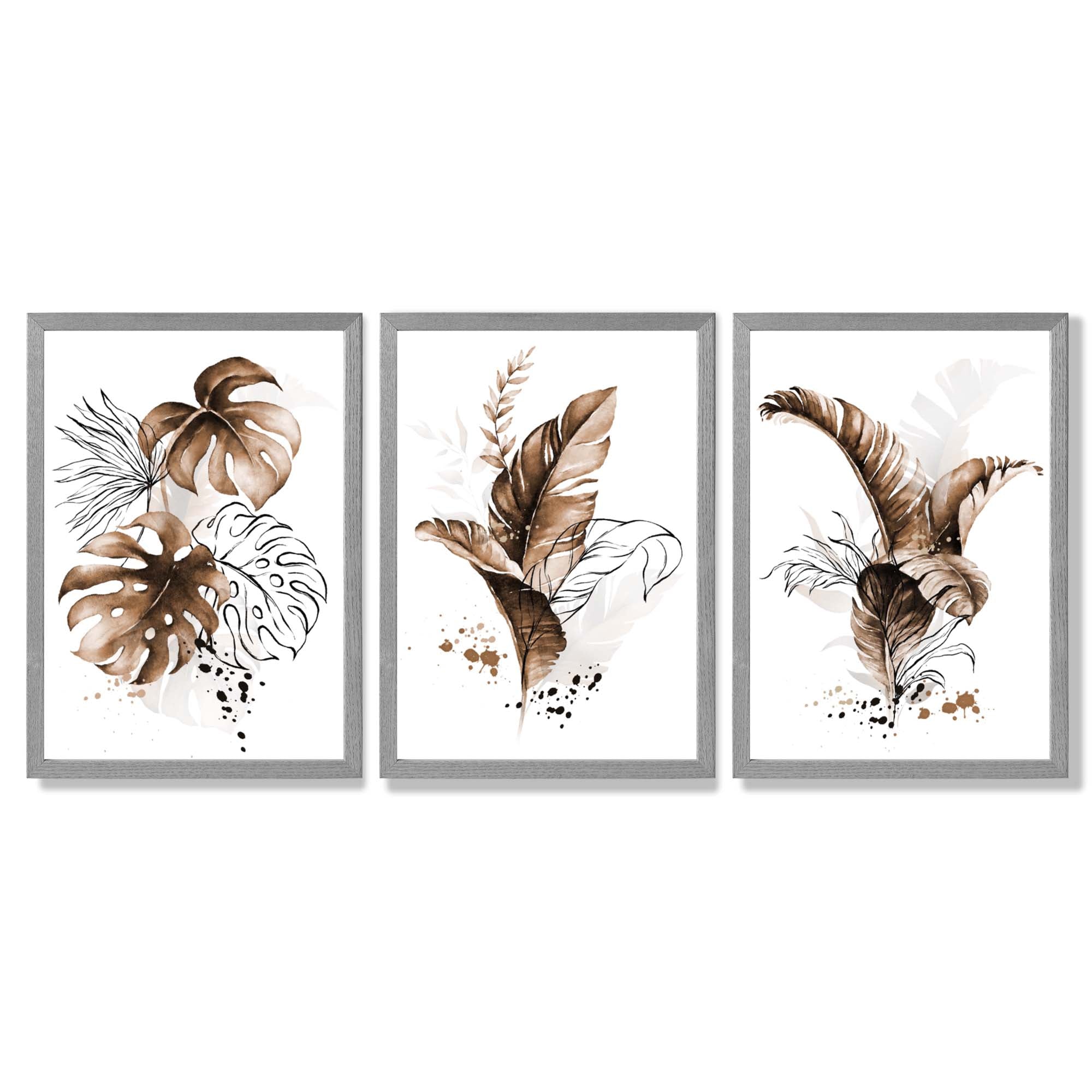 Set of 3 Brown Tropical Leaves Framed Art Prints with Light Grey Wooden Frames