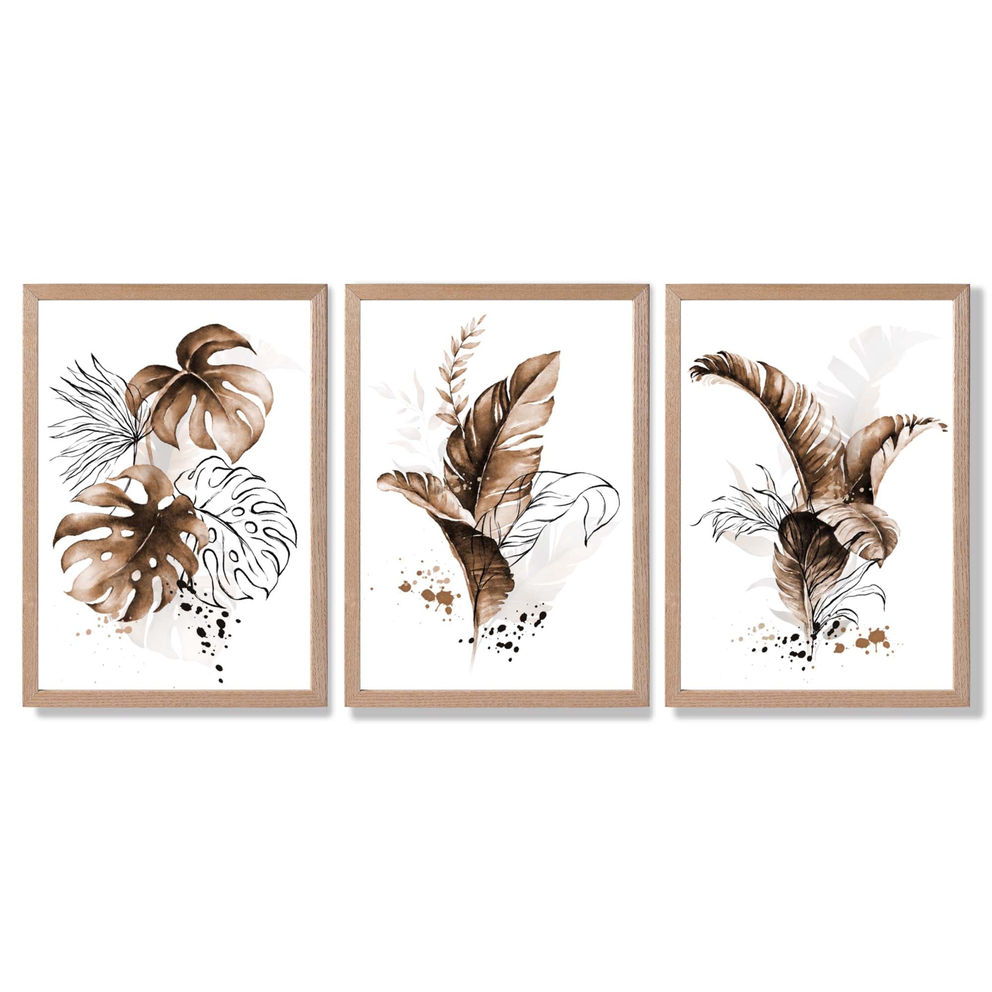 Set of 3 Brown Tropical Leaves Framed Art Prints with Light Oak Frames