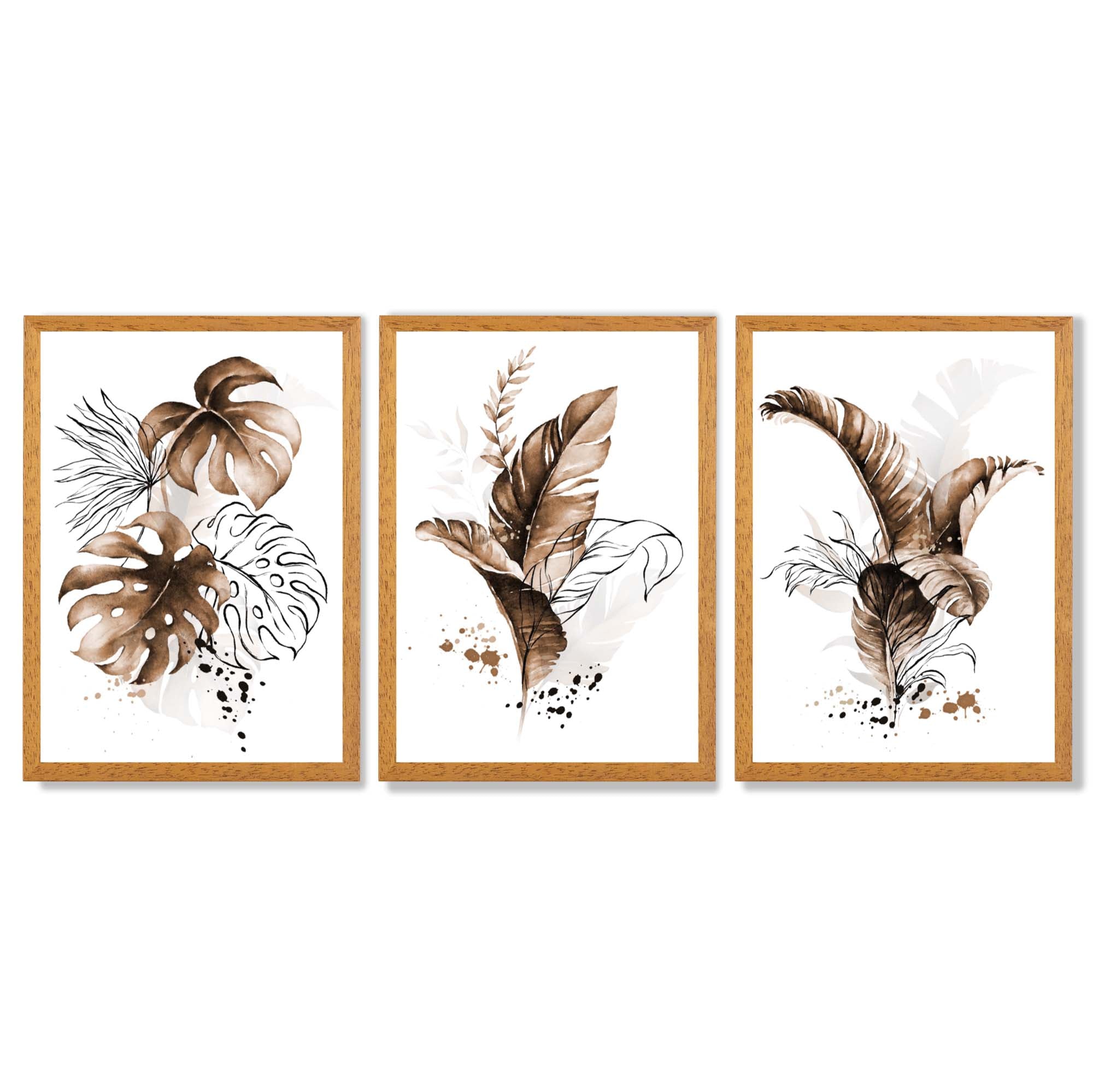 Set of 3 Brown Tropical Leaves Framed Art Prints with Oak Wooden Frames