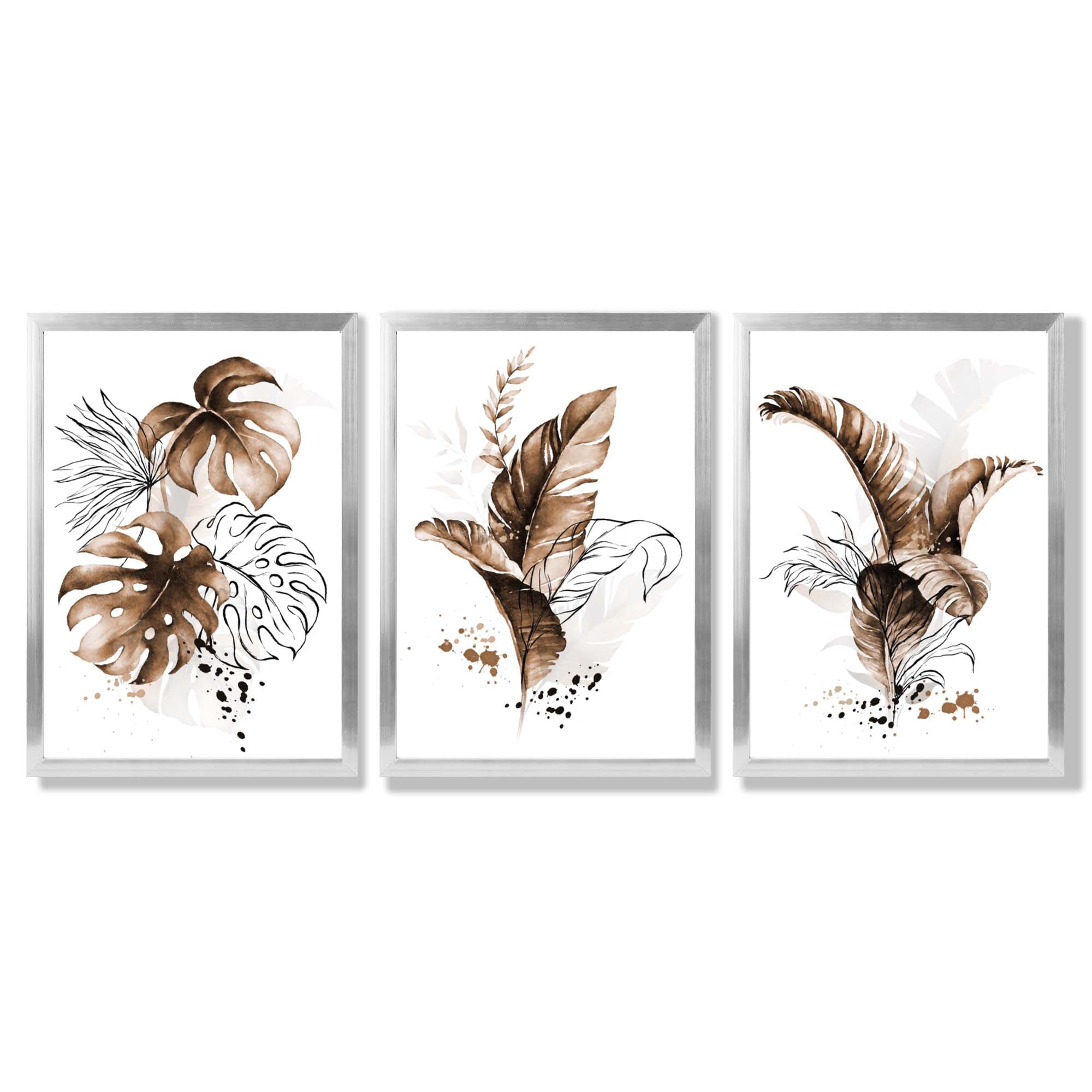 Set of 3 Brown Tropical Leaves Framed Art Prints with Silver Wood Frames