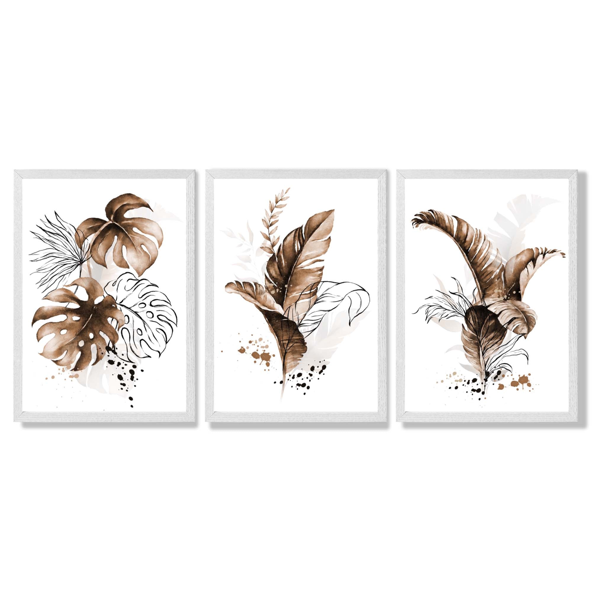 Set of 3 Brown Tropical Leaves Framed Art Prints with White Wooden Frames
