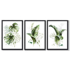 Set of 3 Green Tropical Leaves Framed Art Prints with Black Wooden Frames