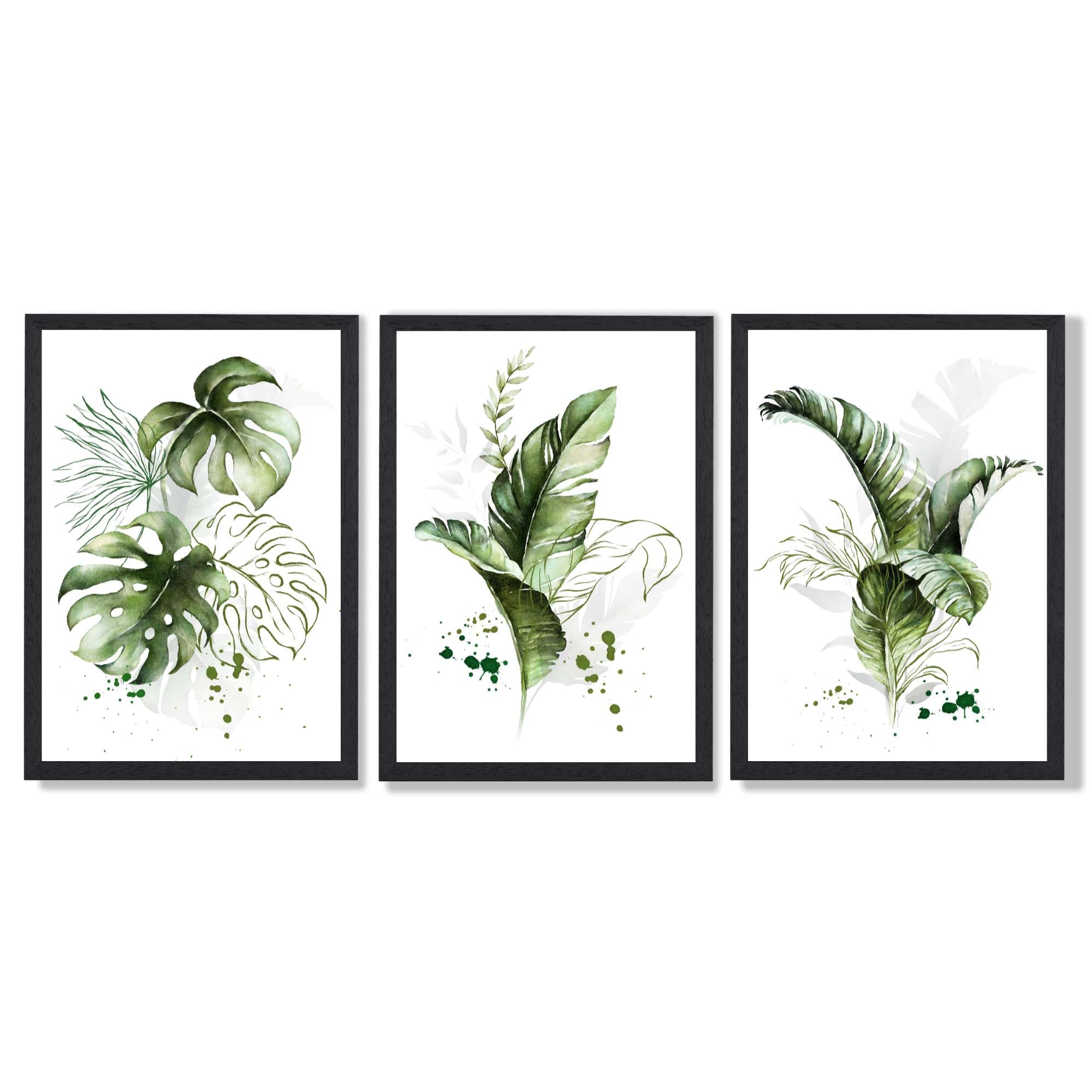 Set of 3 Green Tropical Leaves Framed Art Prints with Black Wooden Frames