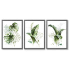 Set of 3 Green Tropical Leaves Framed Art Prints with Dark Grey Wooden Frames