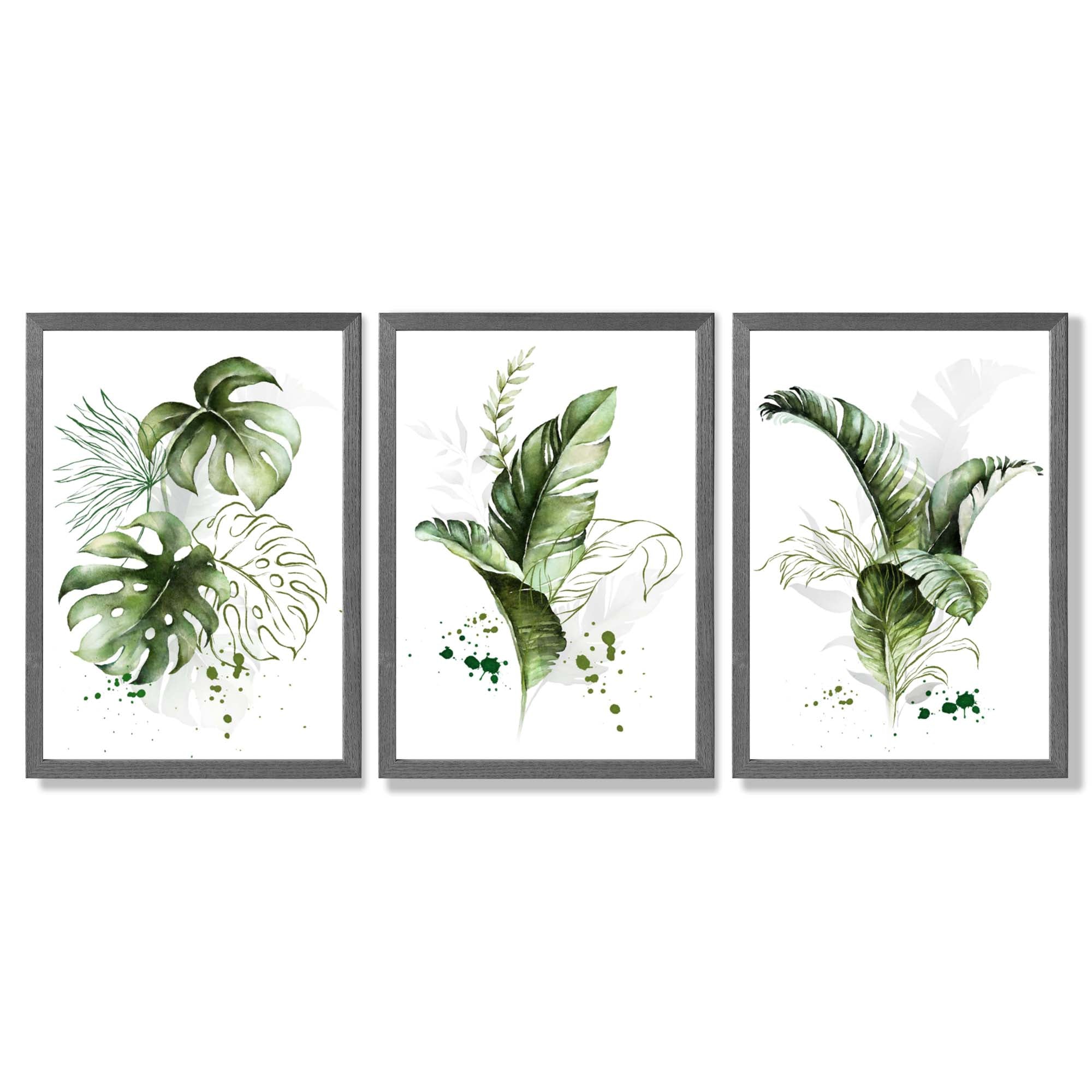 Set of 3 Green Tropical Leaves Framed Art Prints with Dark Grey Wooden Frames