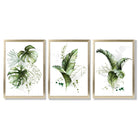 Set of 3 Green Tropical Leaves Framed Art Prints with Gold Wood Frames