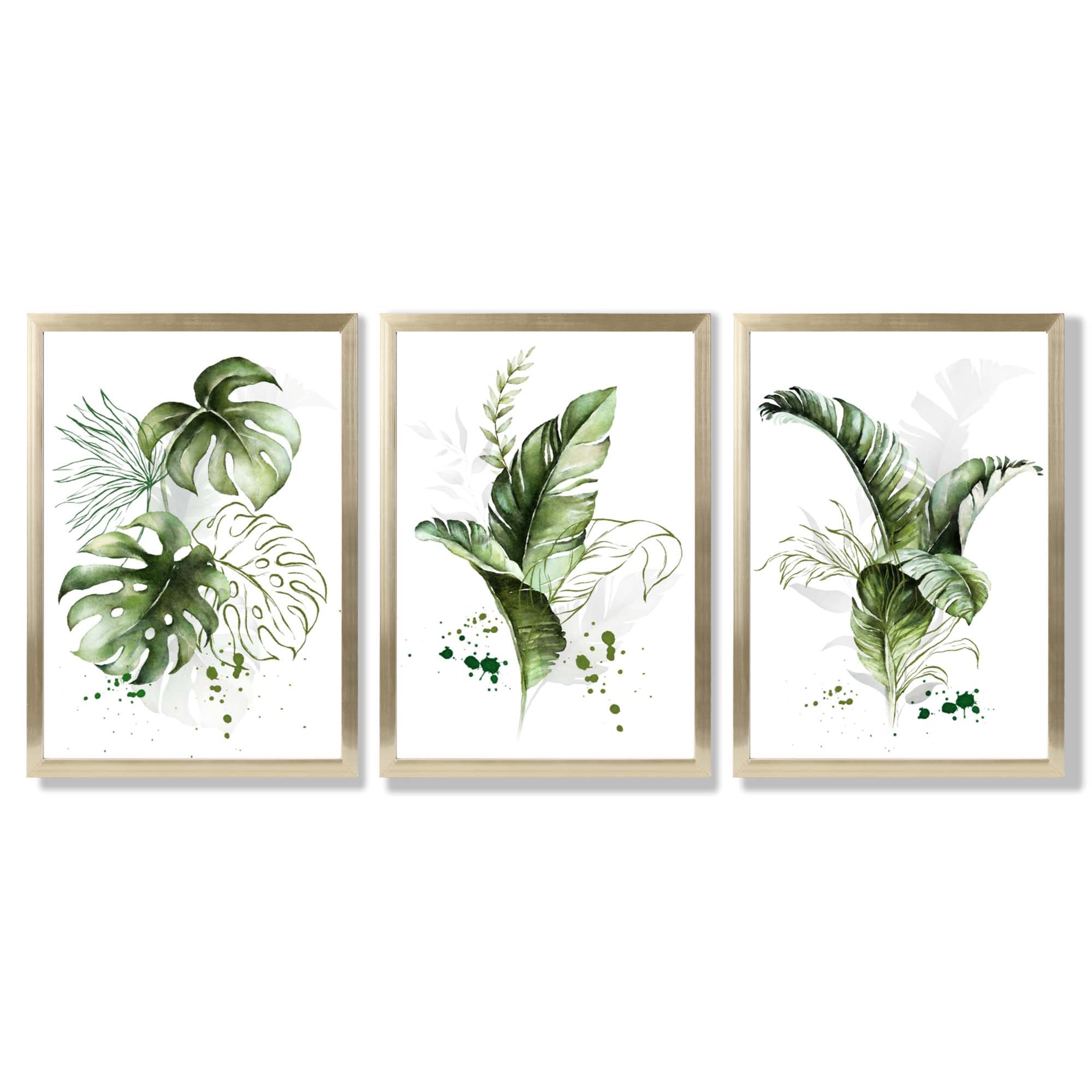 Set of 3 Green Tropical Leaves Framed Art Prints with Gold Wood Frames