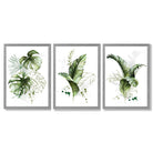 Set of 3 Green Tropical Leaves Framed Art Prints with Light Grey Wooden Frames