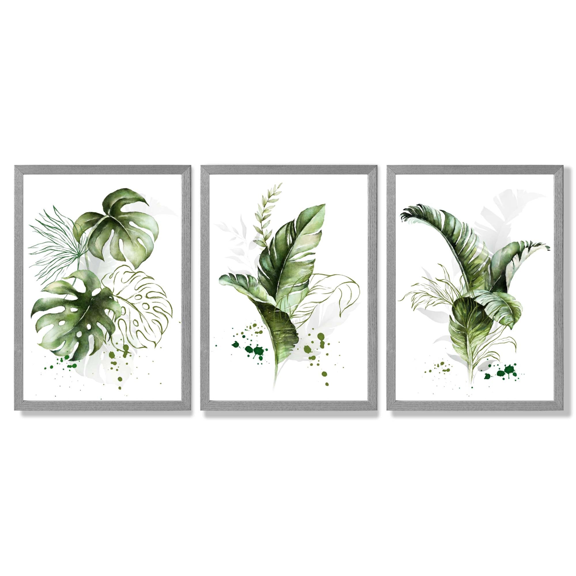 Set of 3 Green Tropical Leaves Framed Art Prints with Light Grey Wooden Frames