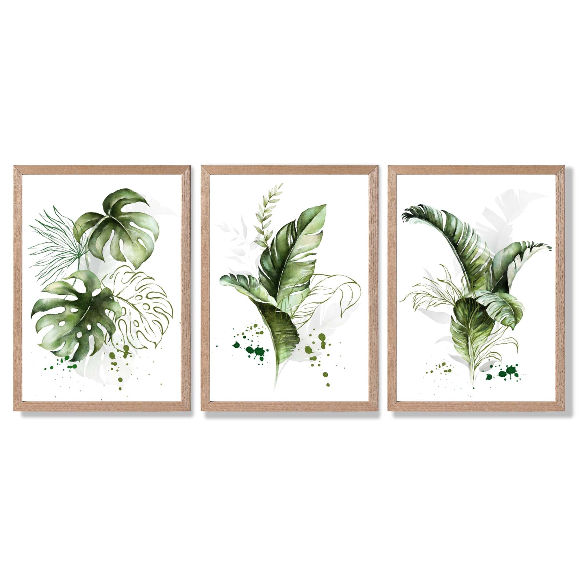 Set of 3 Green Tropical Leaves Framed Art Prints with Light Oak Frames