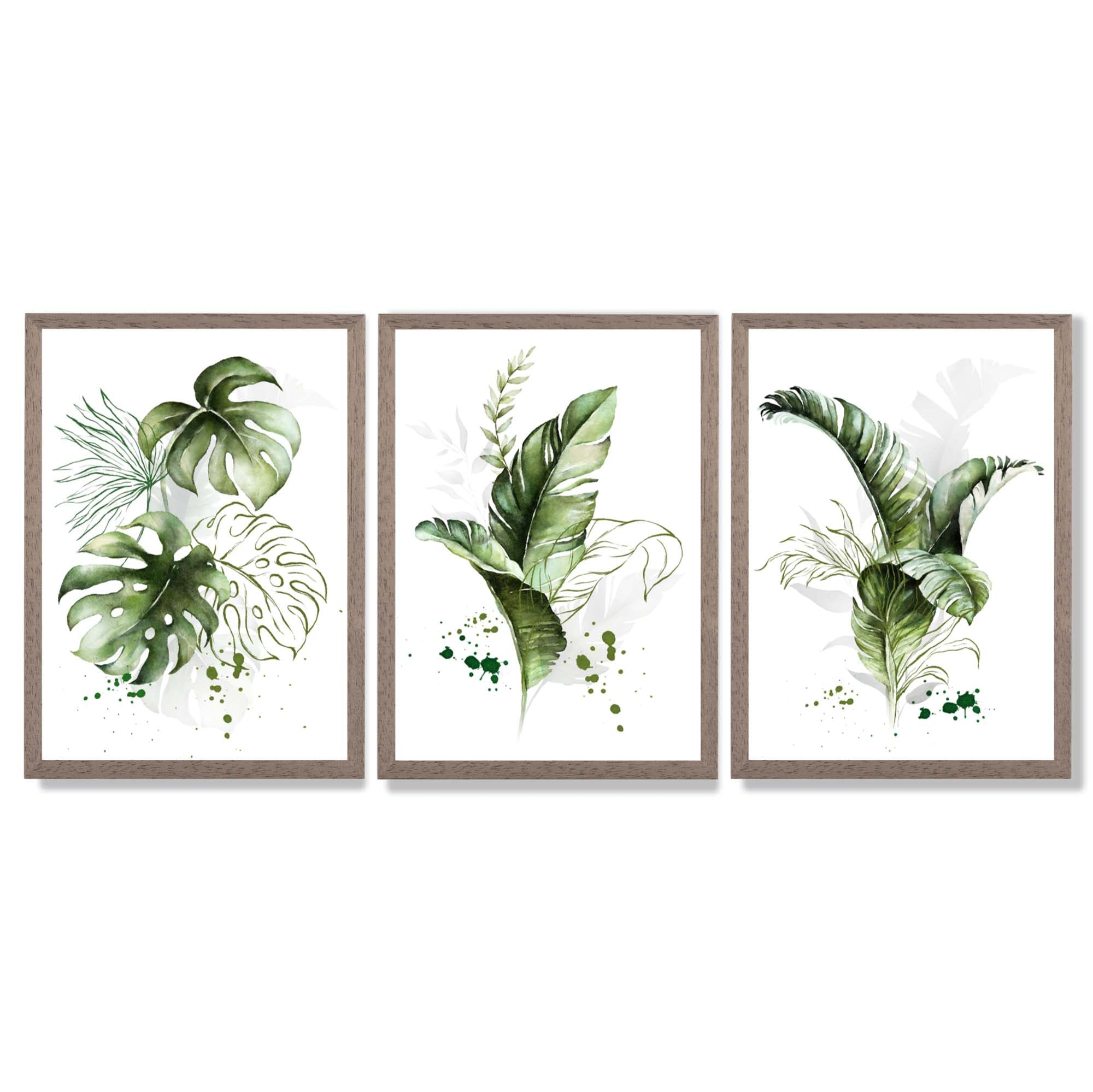 Set of 3 Green Tropical Leaves Framed Art Prints with Light Walnut Frames