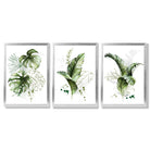Set of 3 Green Tropical Leaves Framed Art Prints with Silver Wood Frames