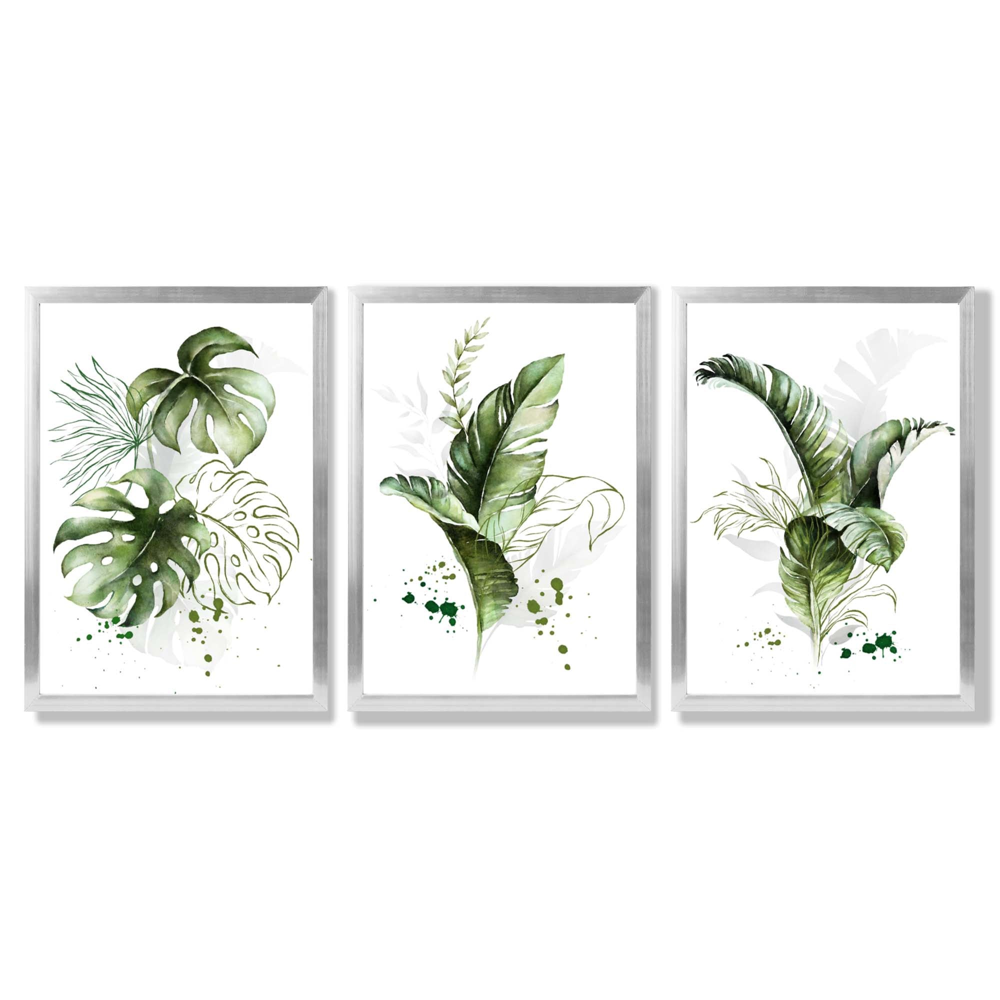 Set of 3 Green Tropical Leaves Framed Art Prints with Silver Wood Frames