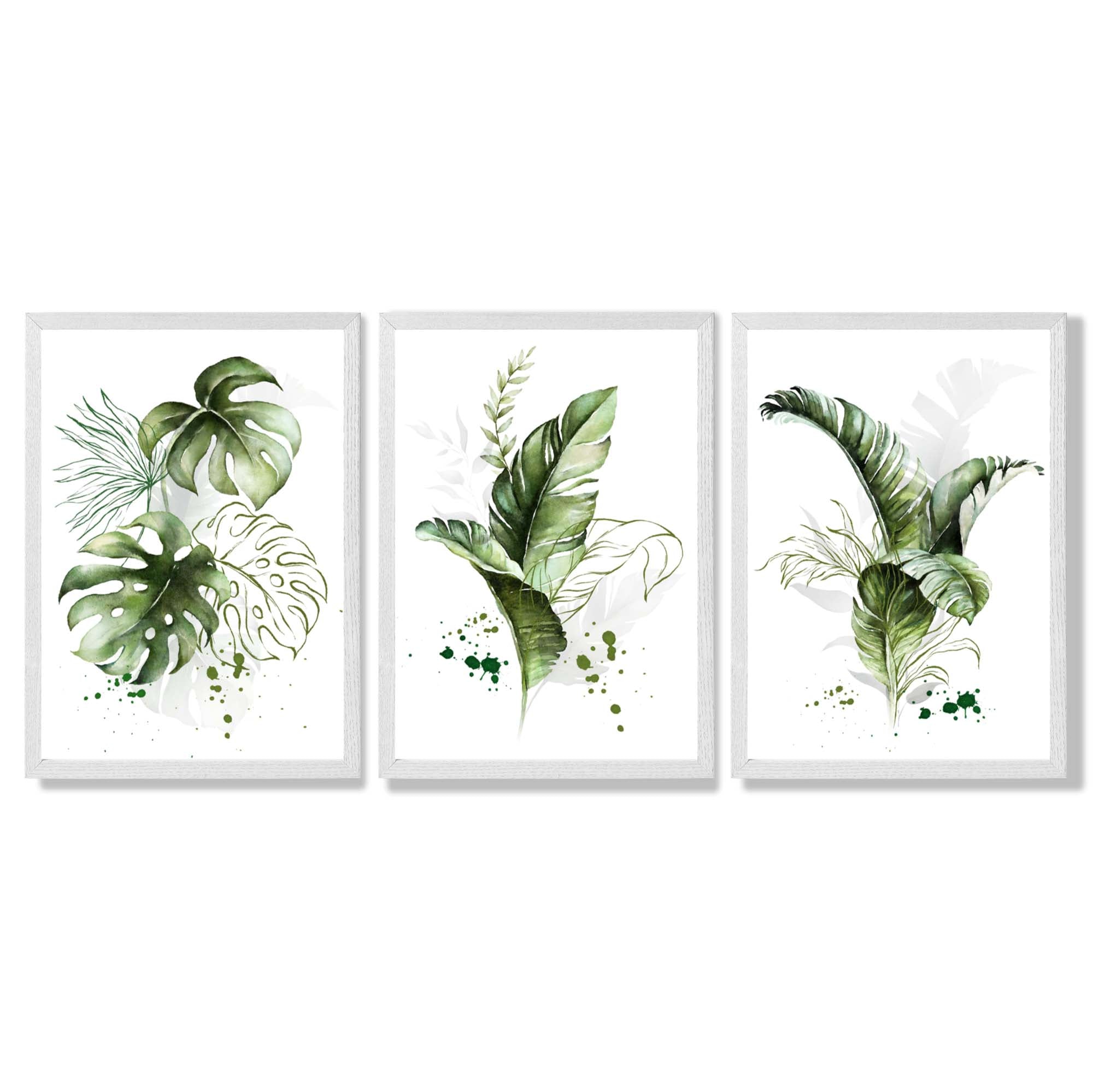 Set of 3 Green Tropical Leaves Framed Art Prints with White Wooden Frames