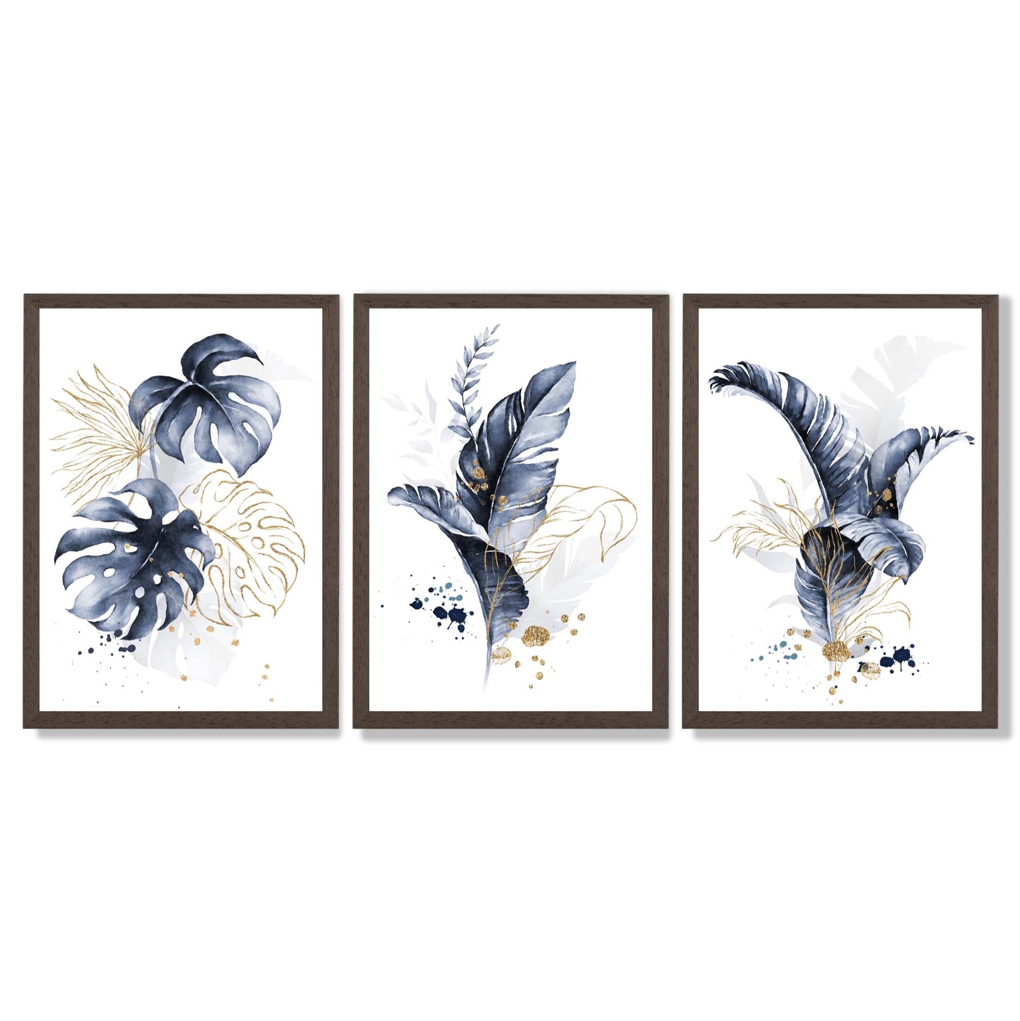 Set of 3 Navy Blue and Gold Tropical Leaves Framed Art Prints with Dark Wood Frames